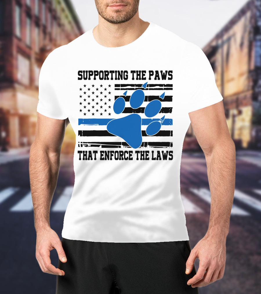 Supporting The Paws That Enforce The Laws American Flag Blue Paw Prints T-Shirt