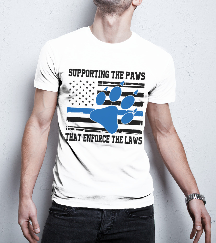 Supporting The Paws That Enforce The Laws American Flag Blue Paw Prints T-Shirt