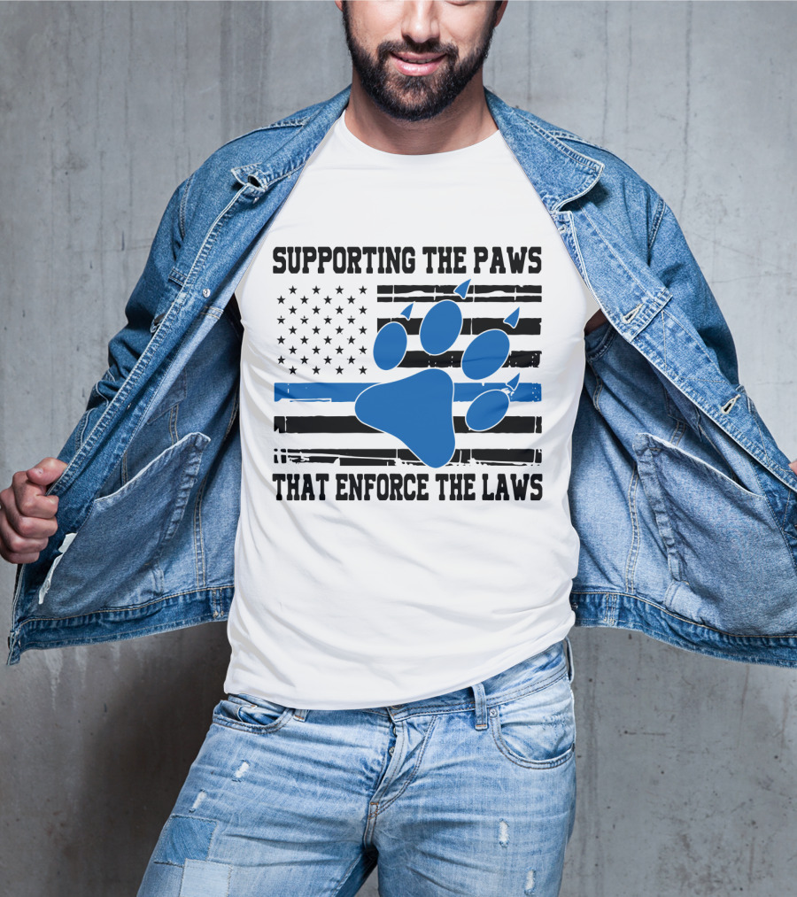 Supporting The Paws That Enforce The Laws American Flag Blue Paw Prints T-Shirt
