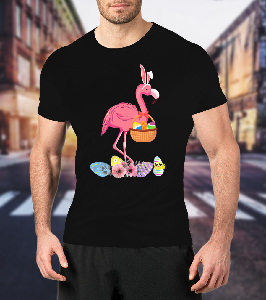Flamingo With Easter Basket And Colorful Eggs T-Shirt