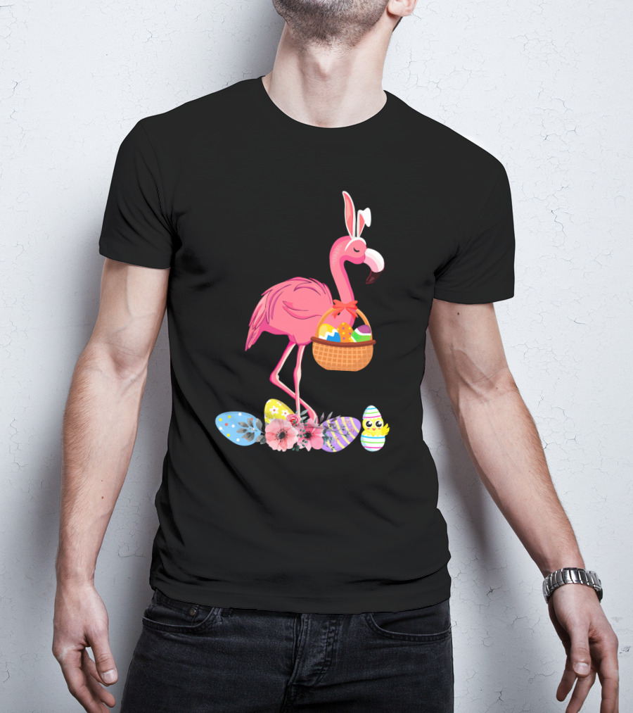 Flamingo With Easter Basket And Colorful Eggs T-Shirt