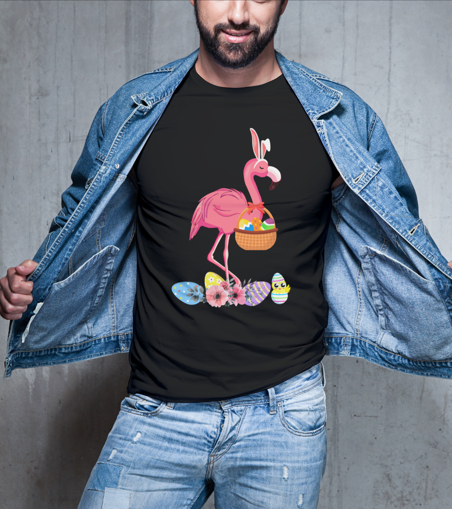 Flamingo With Easter Basket And Colorful Eggs T-Shirt