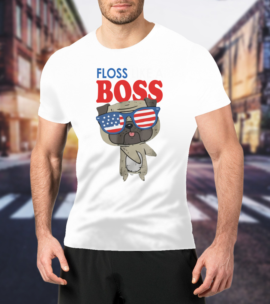Floss Like A Boss Bulldog With American Flag Sunglasses T-Shirt