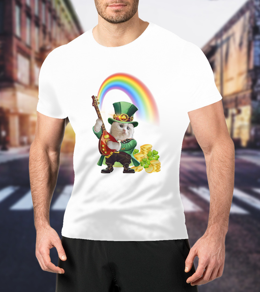 Cat Playing Guitar In Leprechaun Outfit With Rainbow And Gold Coins T-Shirt