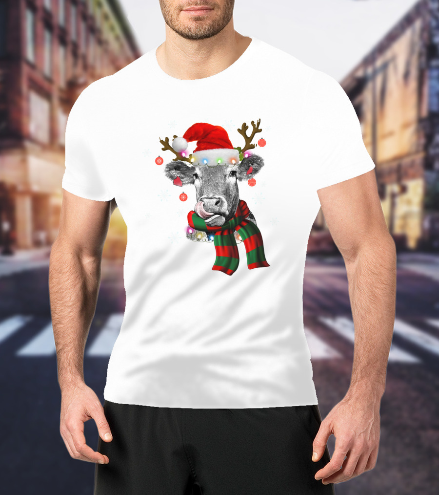 Cows Reindeer Santa Claus Christmas Lights Scarf Antlers Snowflakes Ornaments T-Shirt
