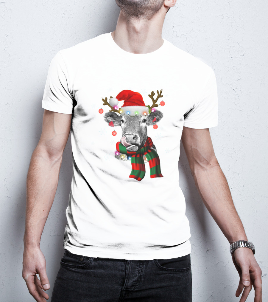 Cows Reindeer Santa Claus Christmas Lights Scarf Antlers Snowflakes Ornaments T-Shirt