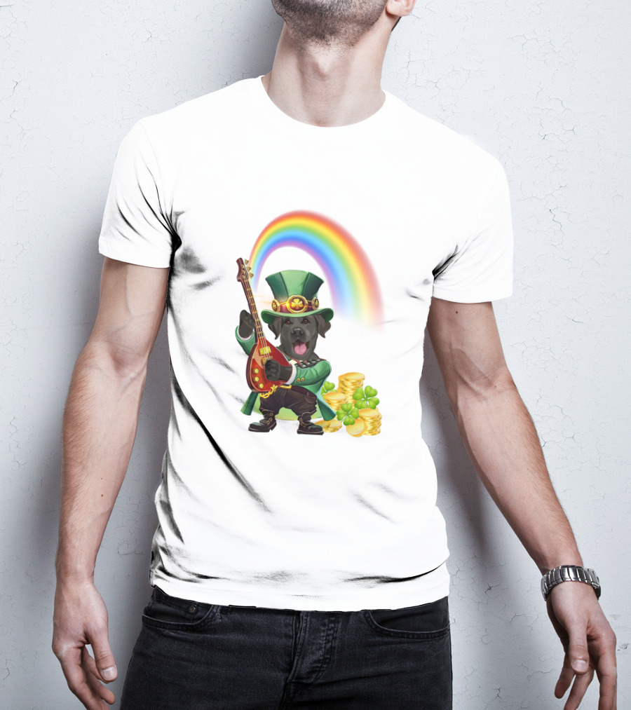 Dog Rocking Irish Luck Rainbow Guitar T-Shirt