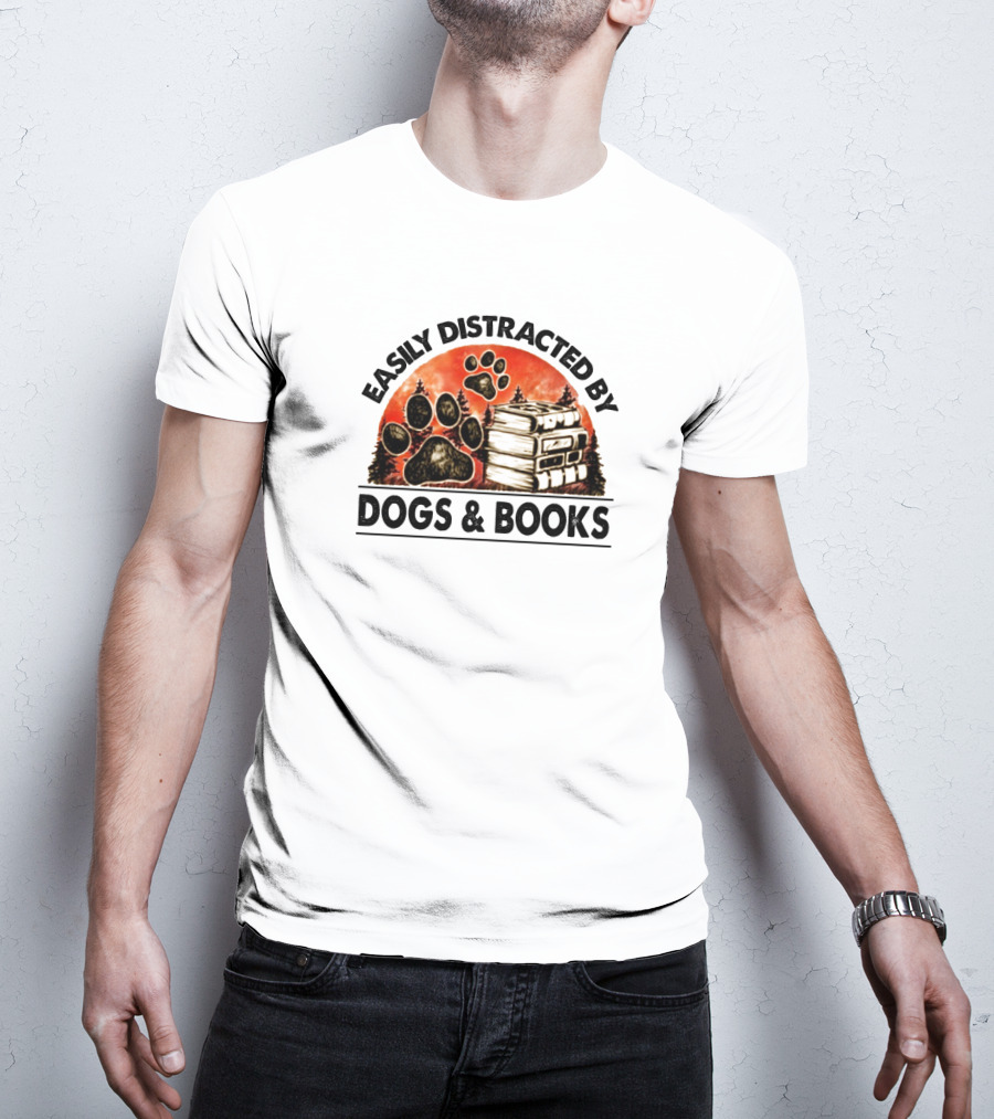 Easily Distracted By Dogs And Books Paw Print Stack T-Shirt