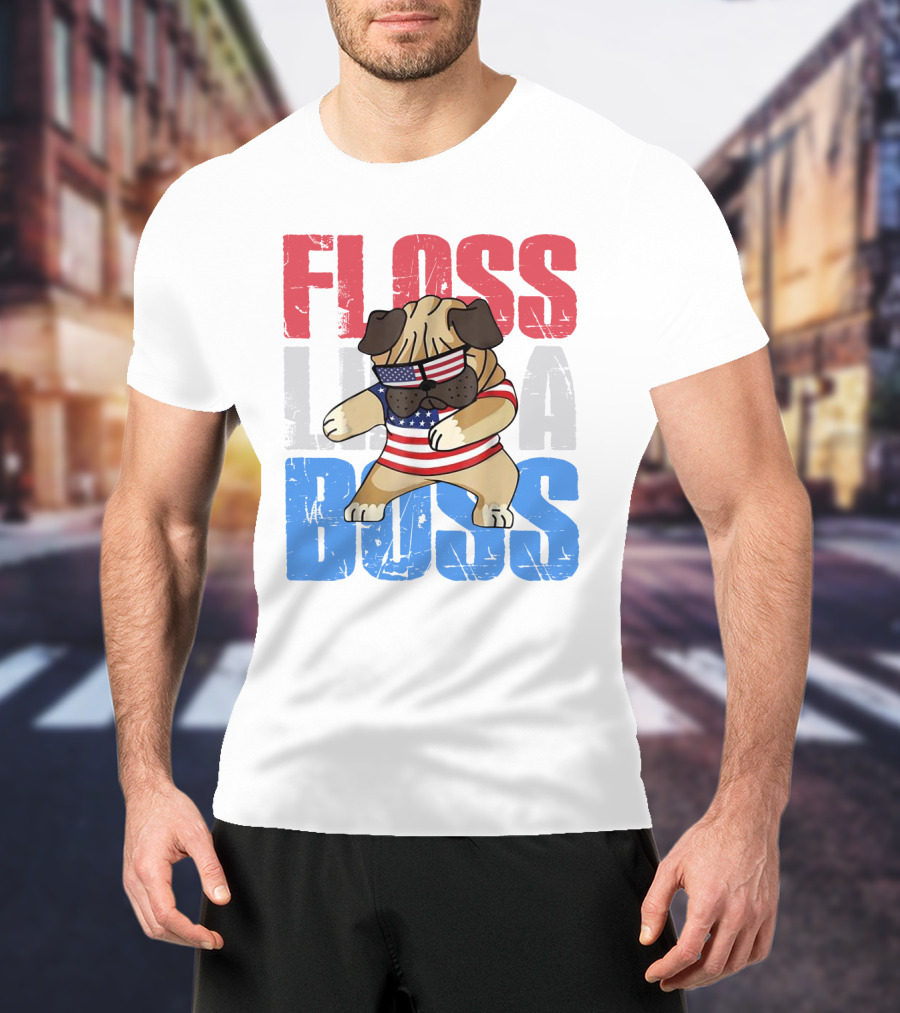 Floss Like A Boss American Flag Bulldog With Sunglasses T-Shirt
