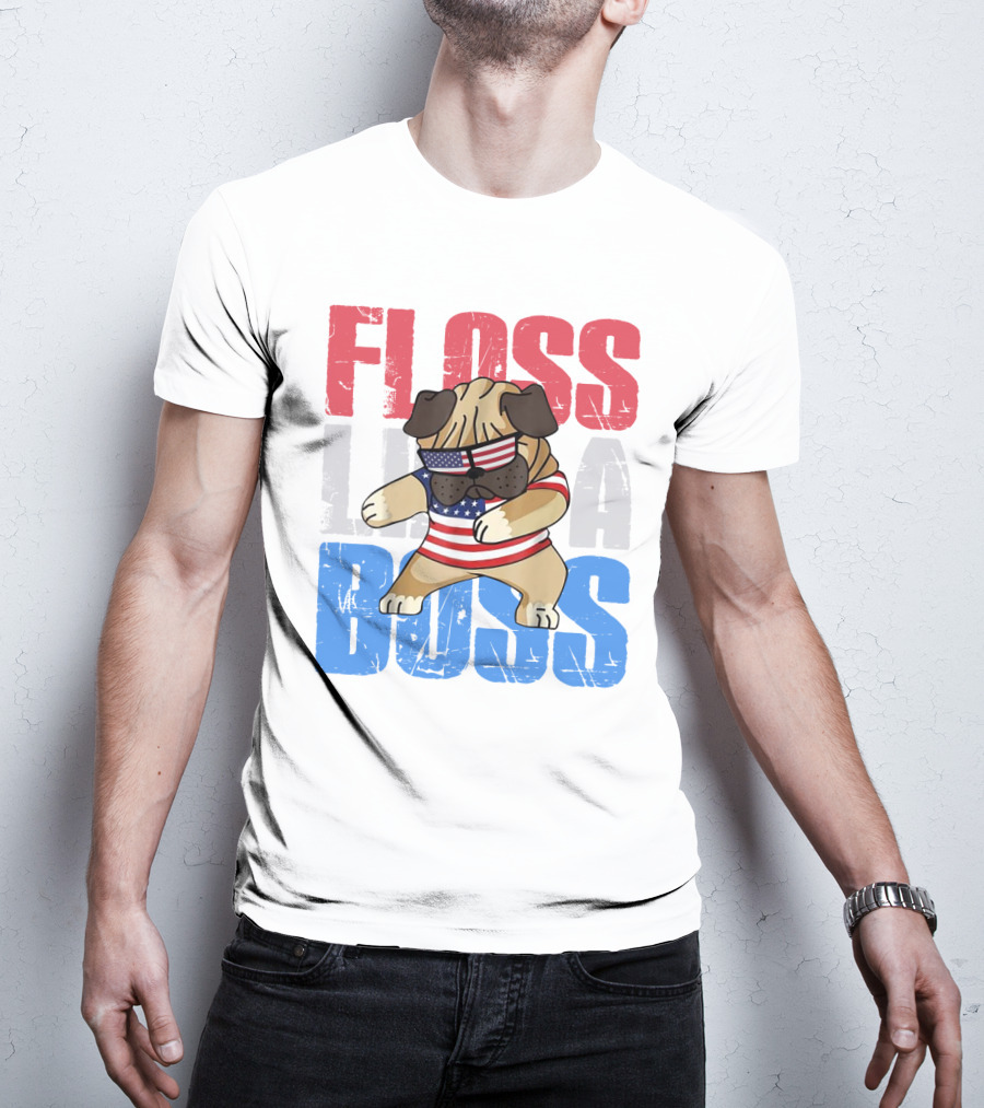 Floss Like A Boss American Flag Bulldog With Sunglasses T-Shirt