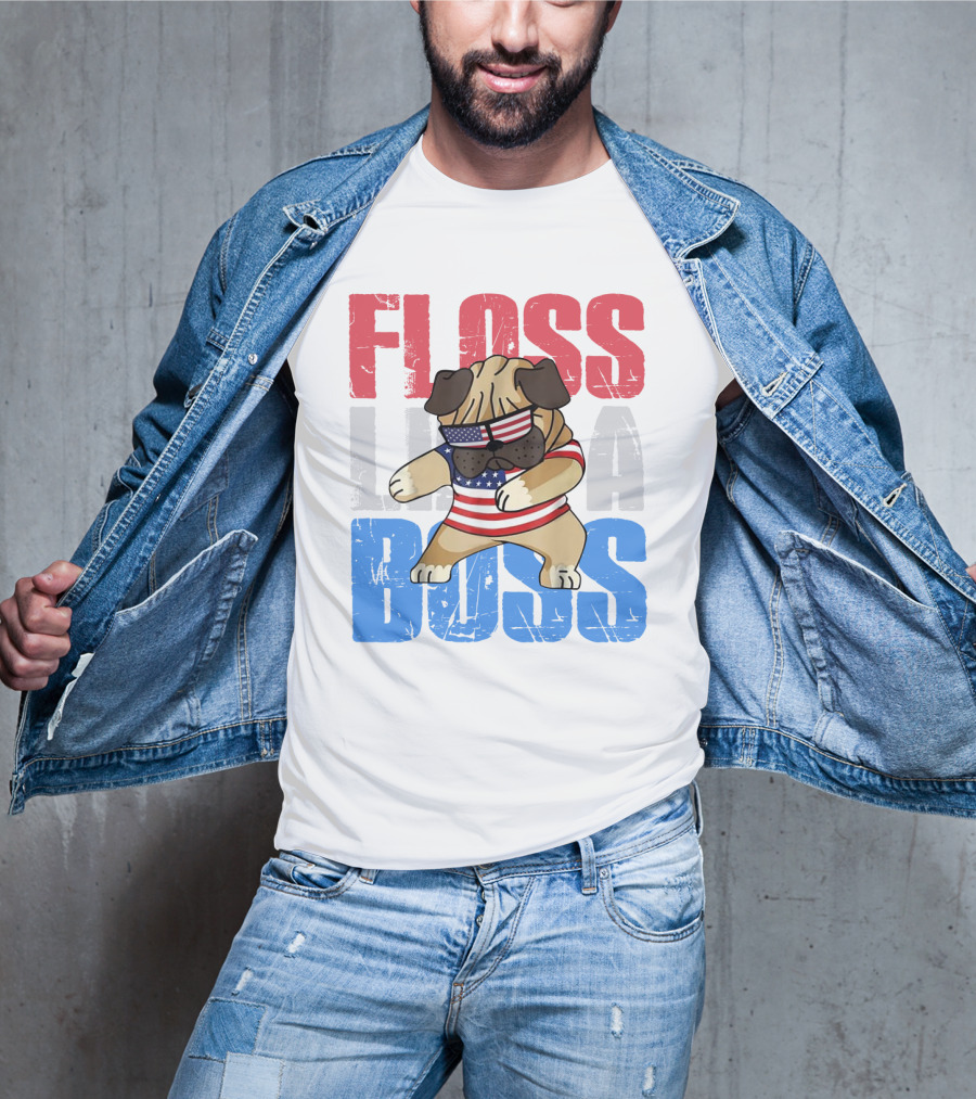 Floss Like A Boss American Flag Bulldog With Sunglasses T-Shirt