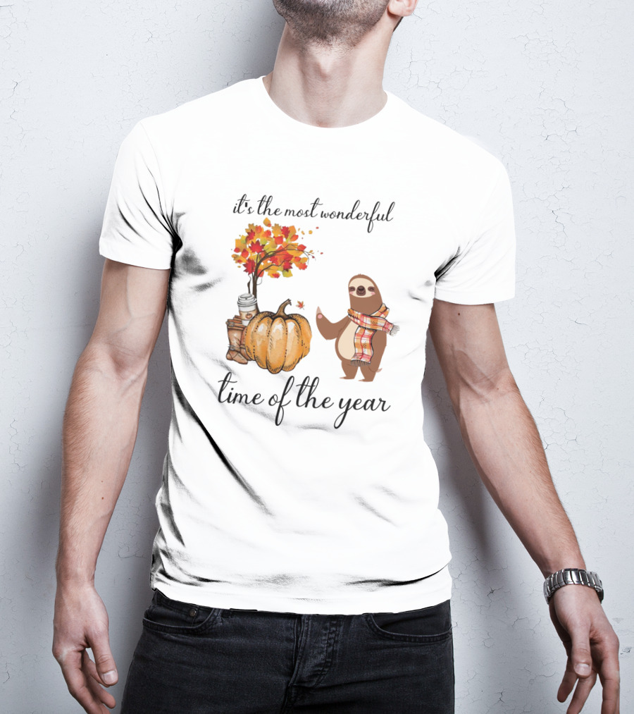 It's The Most Wonderful Time Of The Year Sloths Pumpkin Coffee Leaves Fall T-Shirt