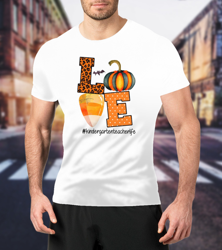 Love Kindergarten Teacher Life Halloween Pumpkin Candy Corn Leopard Print T-Shirt