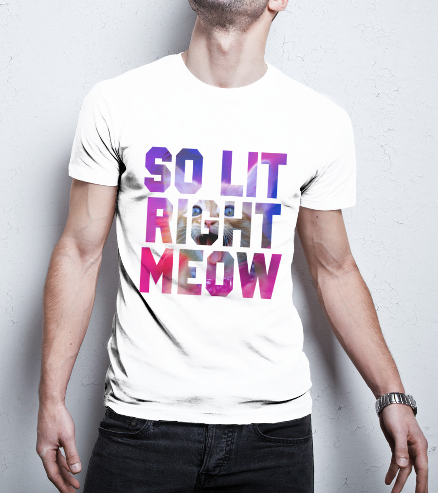 SO LIT RIGHT MEOW Cat Typography T-Shirt