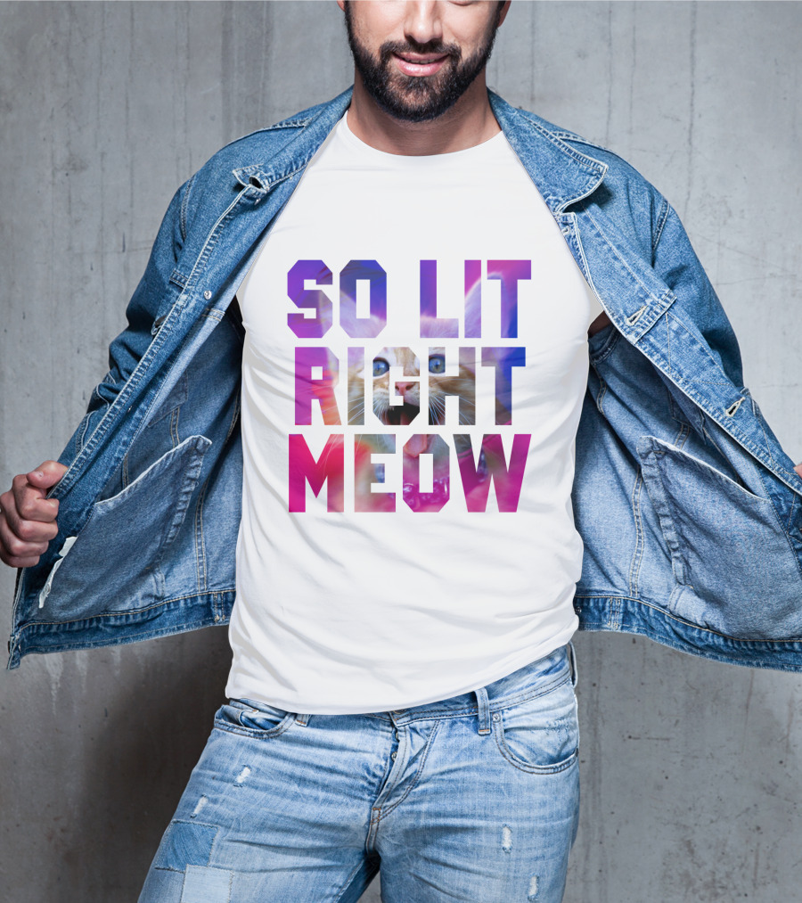 SO LIT RIGHT MEOW Cat Typography T-Shirt