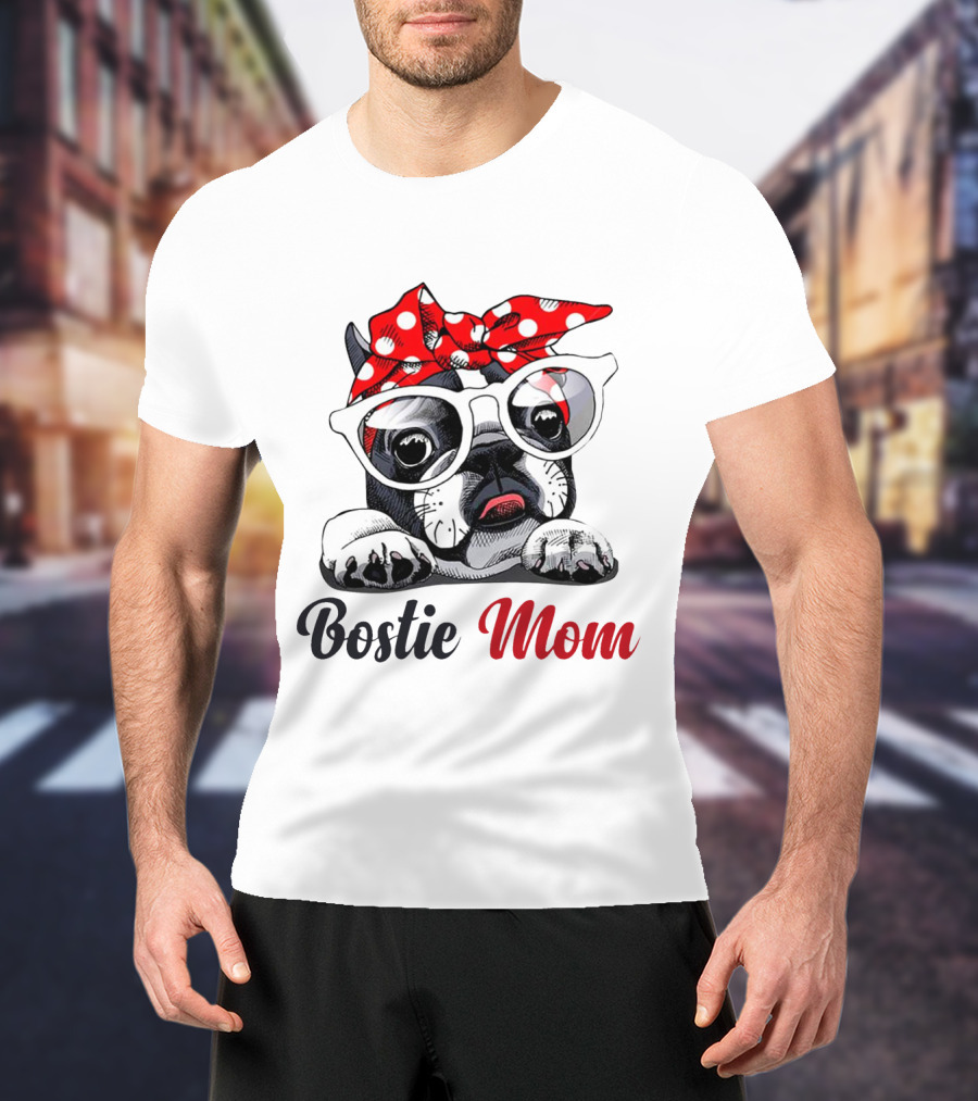 Bostie Mom Glasses And Red Polka Dot Headband Dog T-Shirt