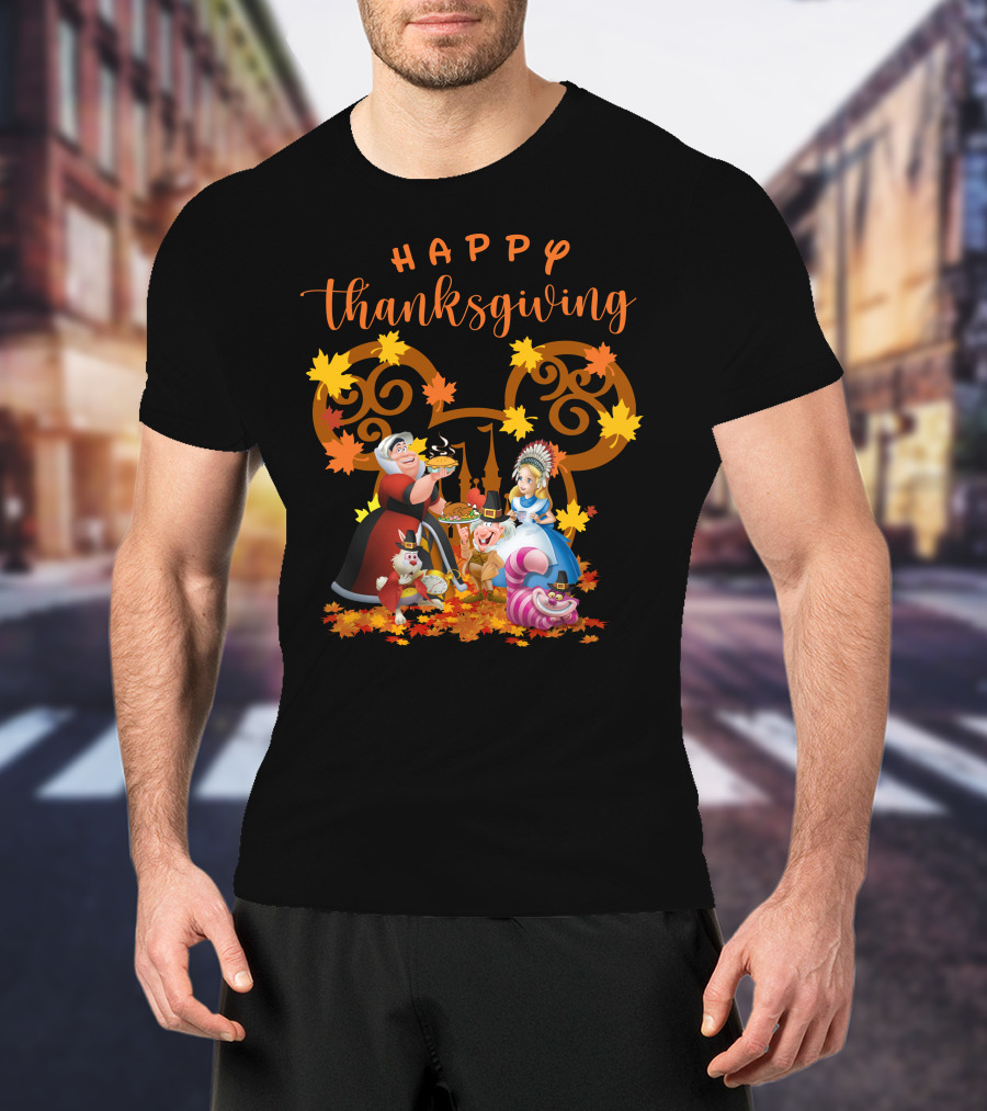 Happy Thanksgiving Alice Queen Mad Hatter Cheshire Cat Leaves T-Shirt