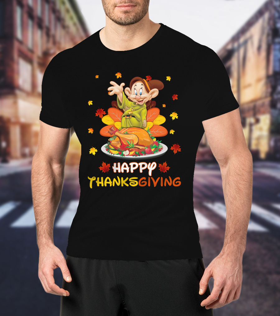 Dopey Happy Thanksgiving With Turkey And Autumn Leaves T-Shirt