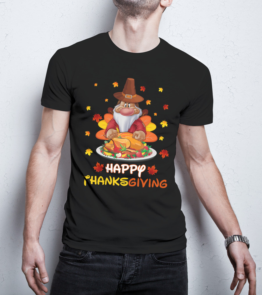 Happy Thanksgiving Grumpy Dwarf Pilgrim With Feast And Fall Leaves T-Shirt