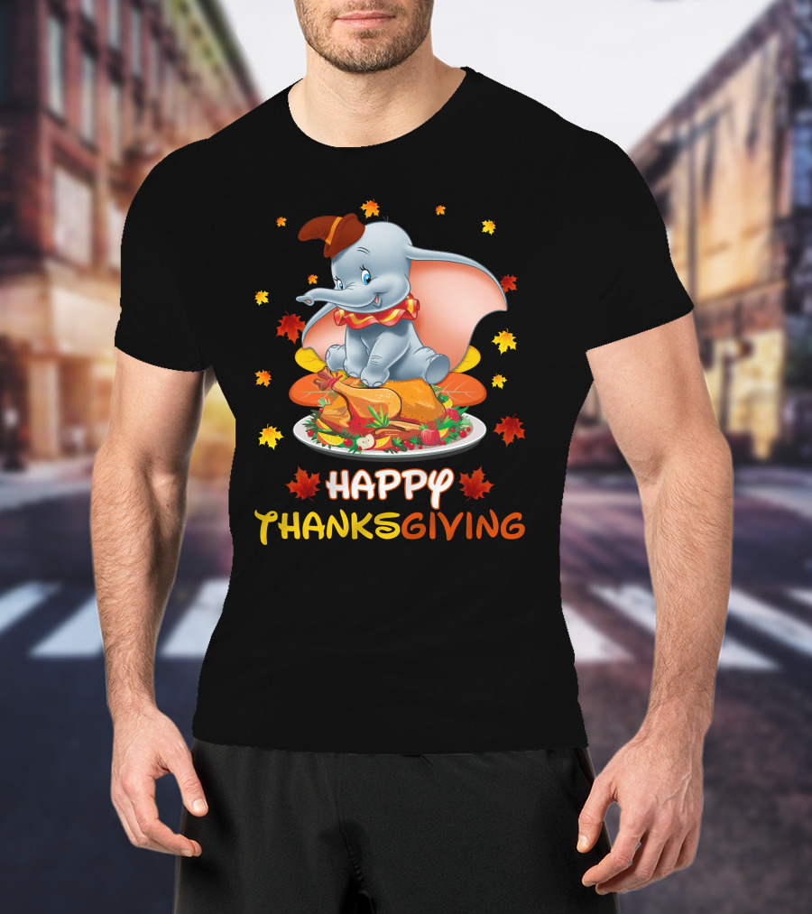 Happy Thanksgiving Dumbo Turkey Autumn Leaves T-Shirt