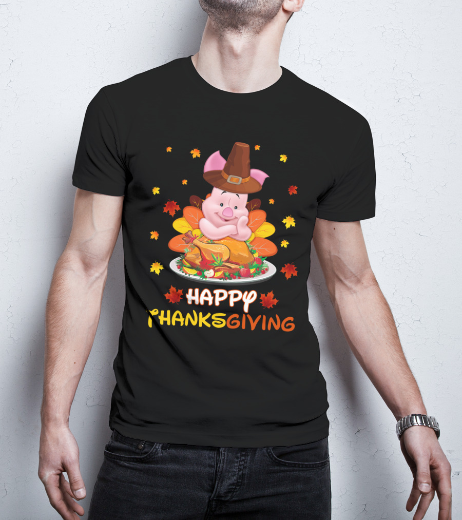 Happy Thanksgiving Piglet Feast With Autumn Leaves And Pilgrim Hat T-Shirt