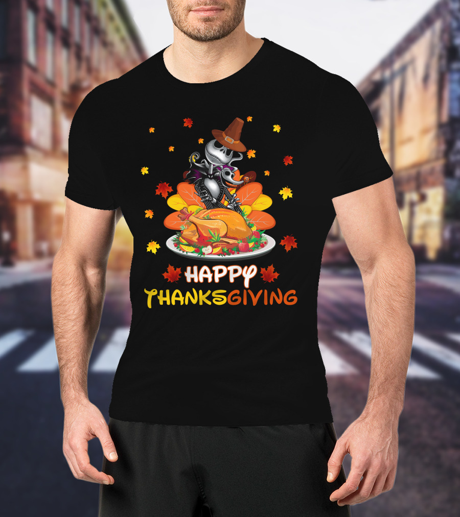 Happy Thanksgiving Skeleton With Turkey And Autumn Leaves T-Shirt