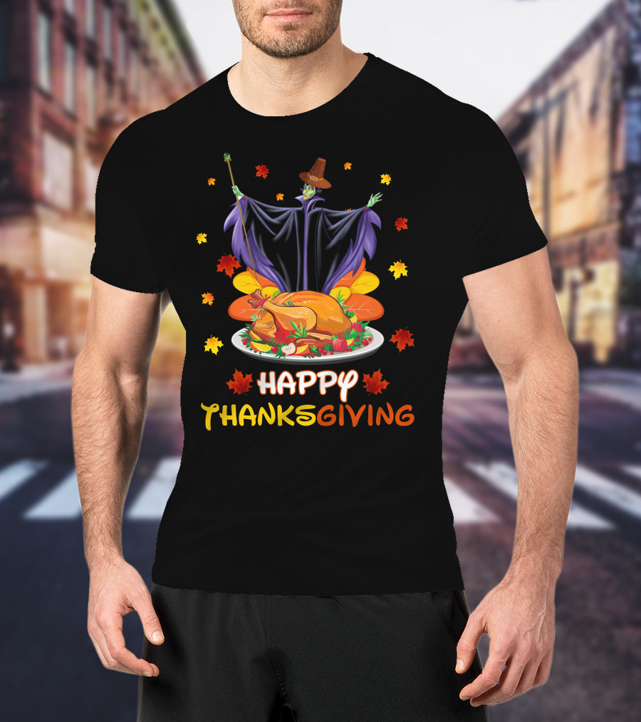 Happy Thanksgiving Maleficent Turkey Feast Magic Leaves T-Shirt