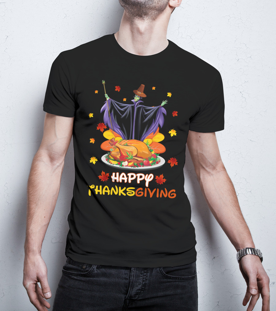 Happy Thanksgiving Maleficent Turkey Feast Magic Leaves T-Shirt