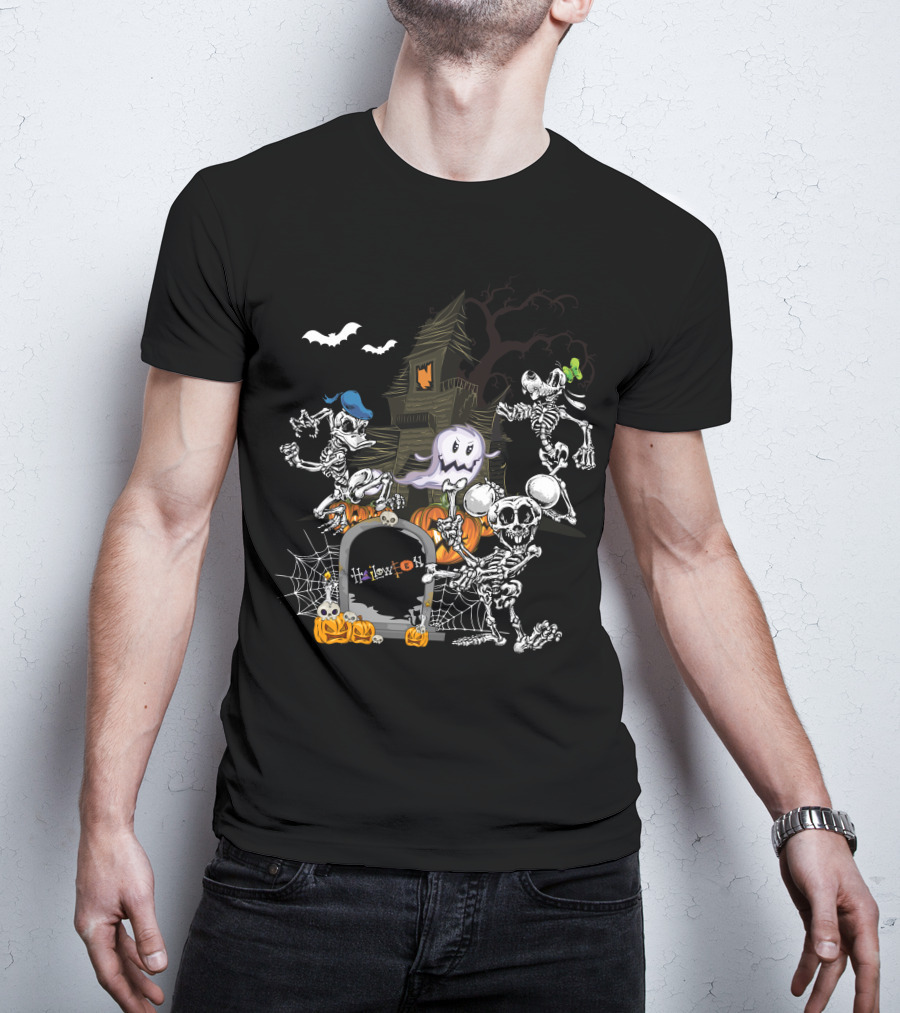 Haunted House Skeleton Dance With Ghost Webs Pumpkins And Bats Halloween T-Shirt