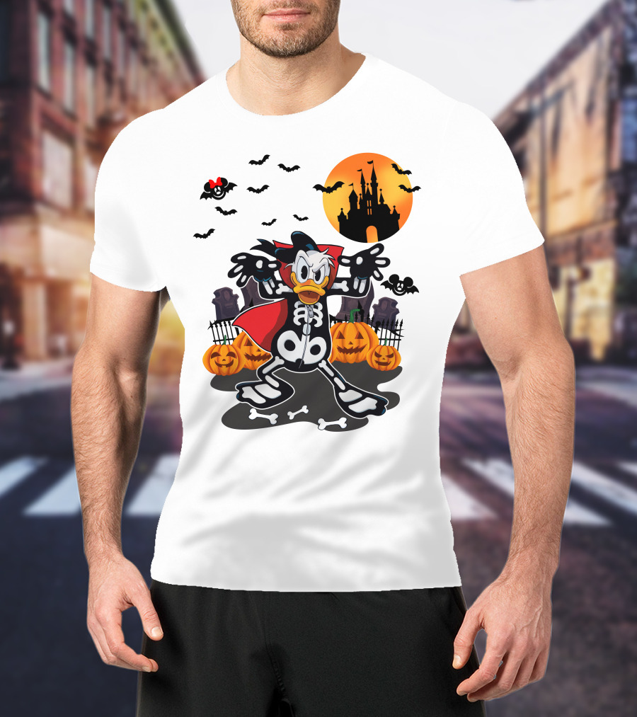 Donald Duck Halloween Skeleton Costume With Bats And Castle T-Shirt