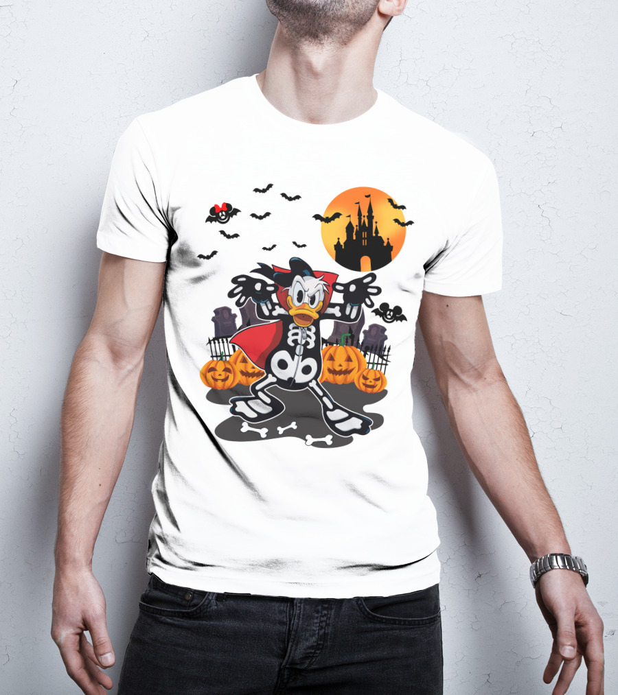 Donald Duck Halloween Skeleton Costume With Bats And Castle T-Shirt