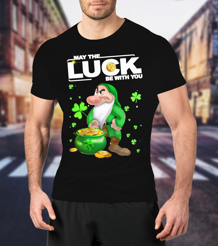 MAY THE LUCK BE WITH YOU Grumpy Gnome With Coins And Clovers T-Shirt