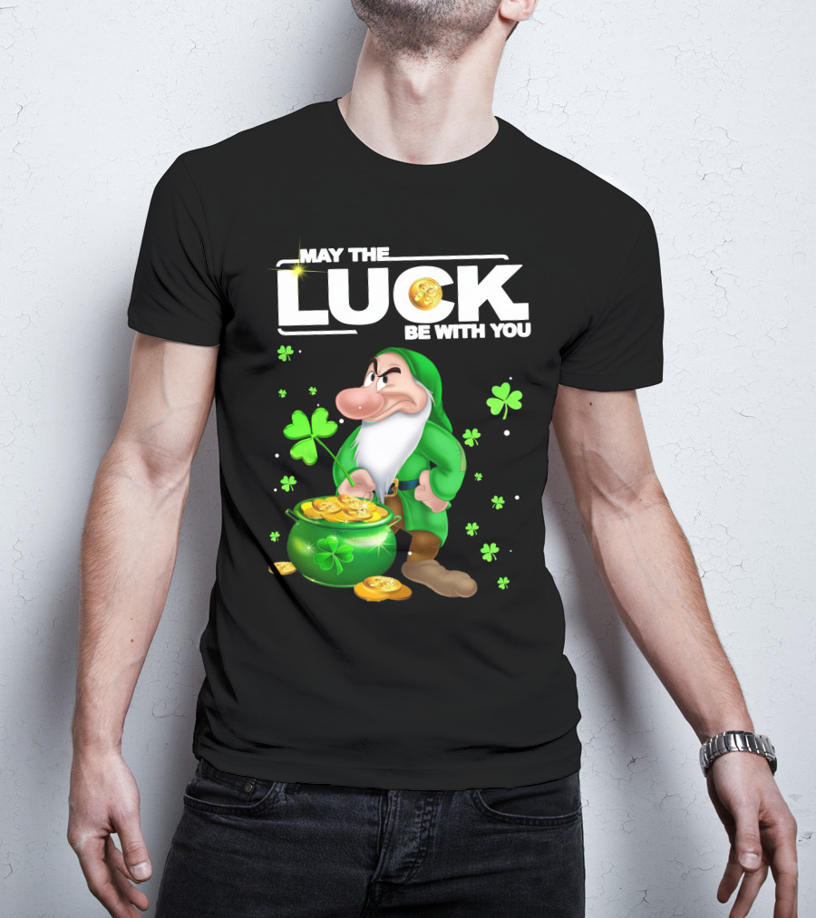 MAY THE LUCK BE WITH YOU Grumpy Gnome With Coins And Clovers T-Shirt
