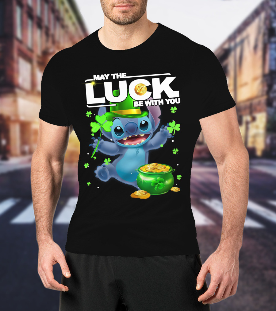 May The Luck Be With You Stitch Pot Of Gold Shamrocks T-Shirt