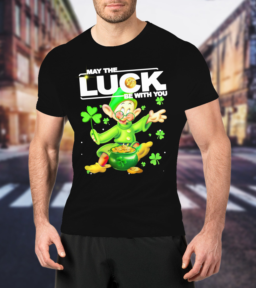 MAY THE LUCK BE WITH YOU Green Leprechaun With Gold Coins And Shamrocks T-Shirt