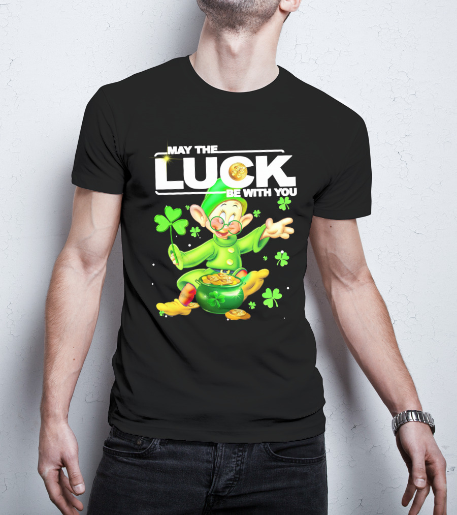 MAY THE LUCK BE WITH YOU Green Leprechaun With Gold Coins And Shamrocks T-Shirt