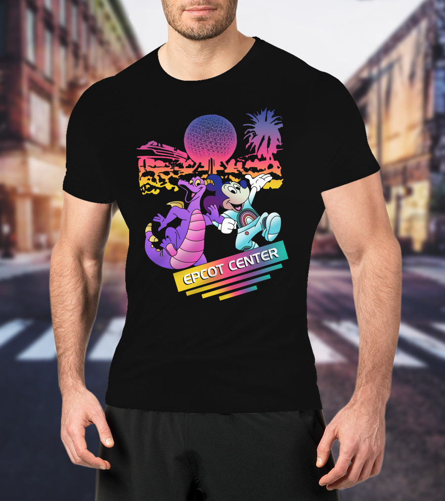 EPCOT CENTER Figment And Mickey Spaceship Earth Retro Spectrum Colors T-Shirt