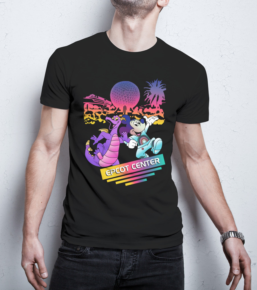 EPCOT CENTER Figment And Mickey Spaceship Earth Retro Spectrum Colors T-Shirt