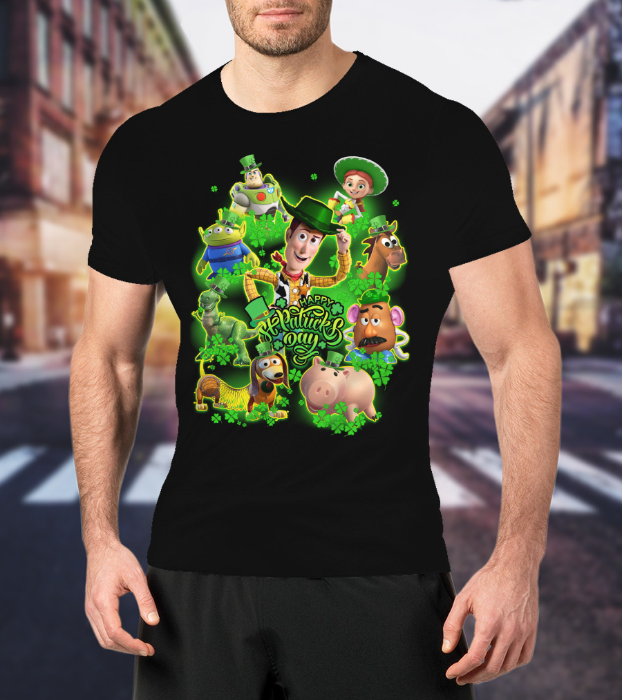 Happy St. Patrick's Day Toy Story Characters In Green Outfits With Shamrocks T-Shirt