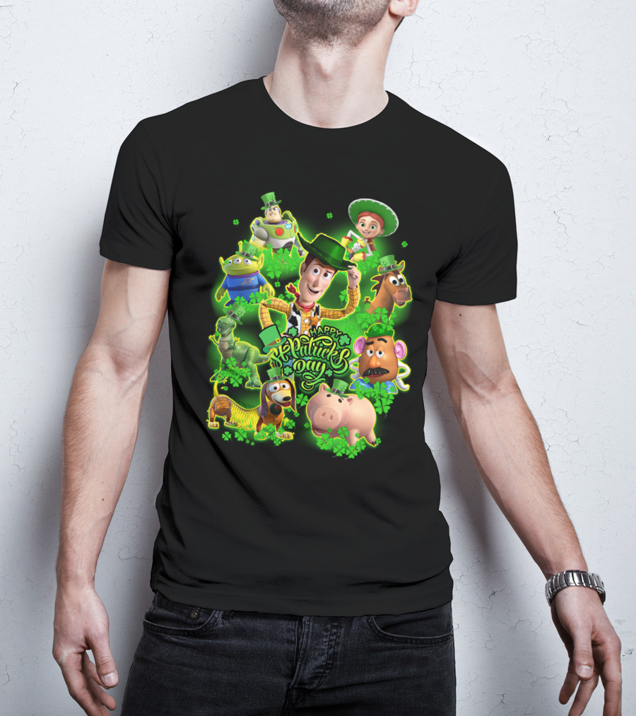 Happy St. Patrick's Day Toy Story Characters In Green Outfits With Shamrocks T-Shirt