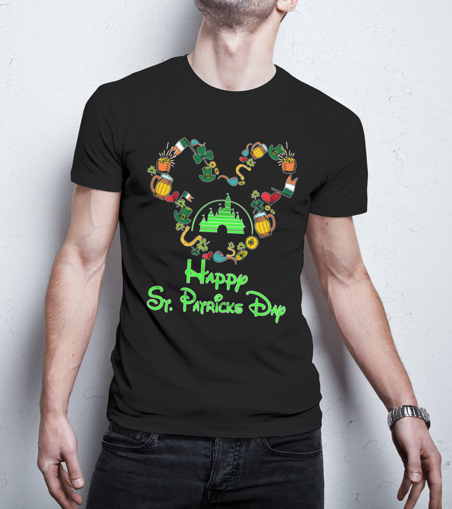 Happy St. Patrick's Day Disney Castle With Shamrock And Beer Icons T-Shirt