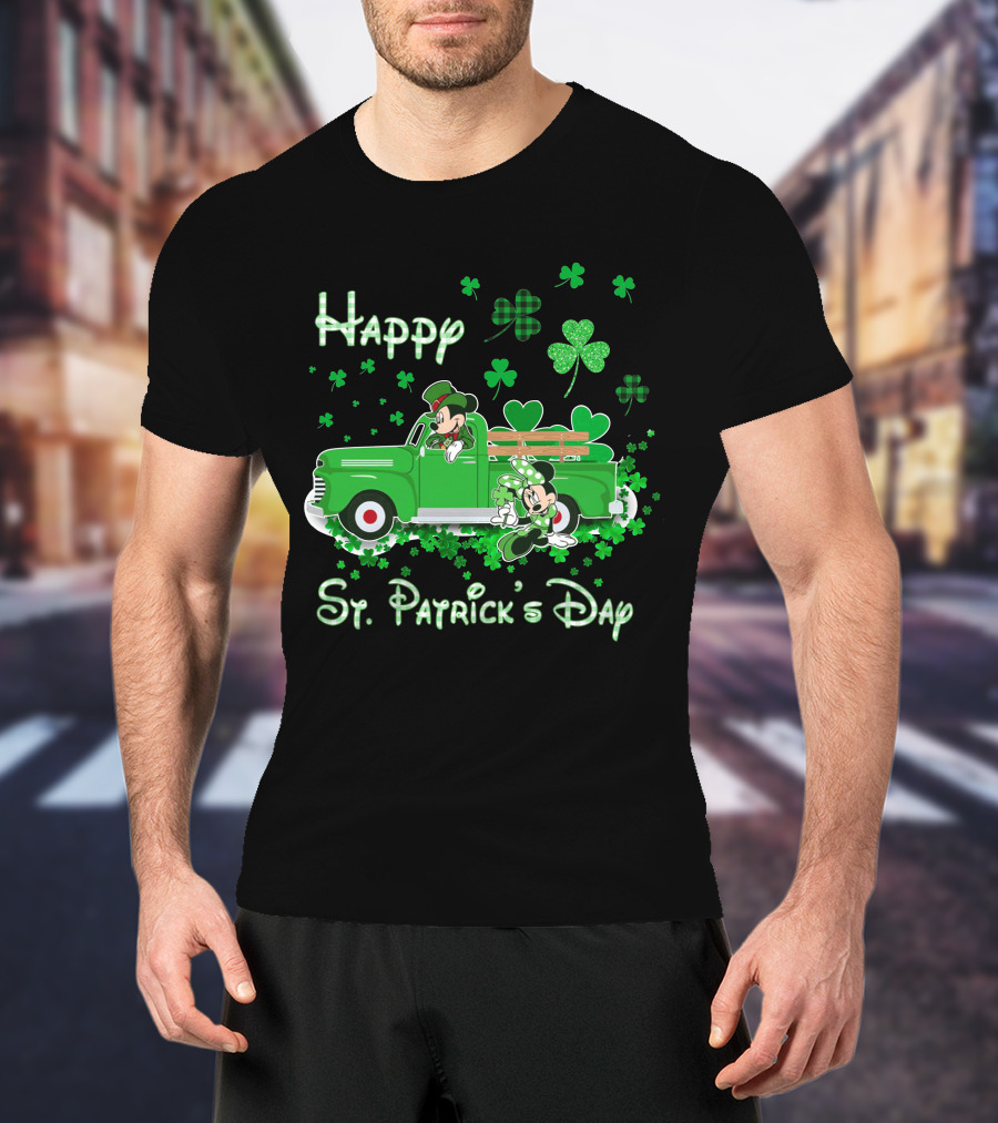 Happy St. Patrick's Day Mickey Mouse Green Truck Shamrocks T-Shirt