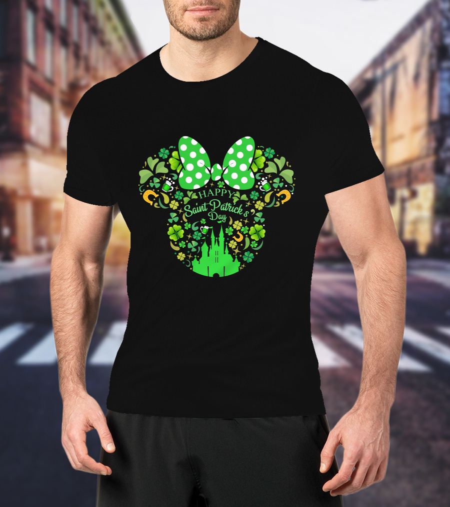 Minnie Mouse Happy Saint Patrick's Day With Shamrocks And Castle T-Shirt