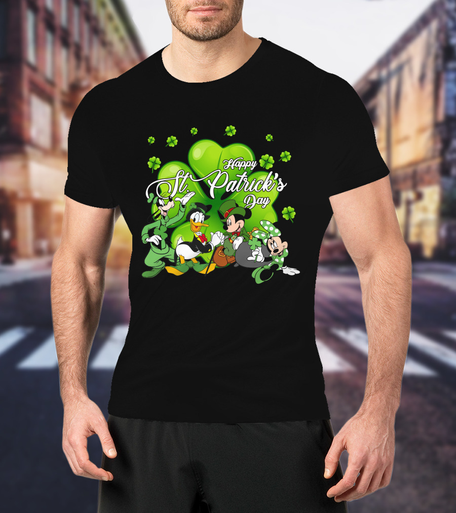 Happy St. Patrick's Day Mickey Mouse Donald Duck Goofy Minnie Mouse With Shamrocks T-Shirt