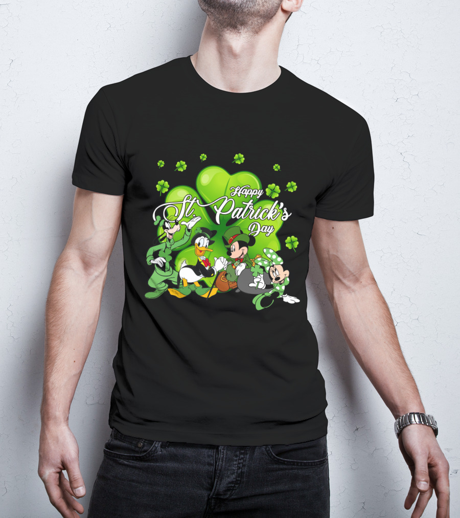 Happy St. Patrick's Day Mickey Mouse Donald Duck Goofy Minnie Mouse With Shamrocks T-Shirt