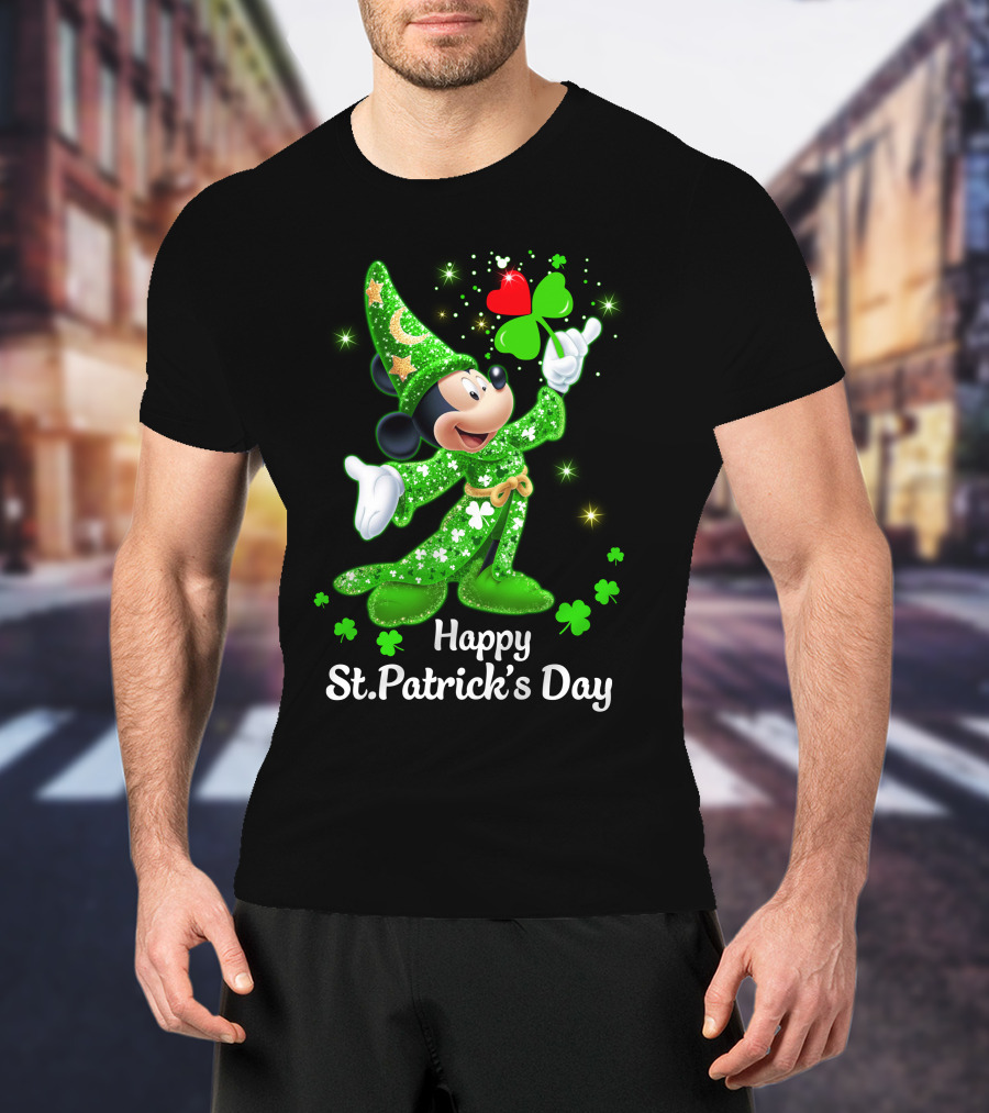 Happy St. Patrick's Day Mickey In Green Wizard Cloak With Clover Magic T-Shirt