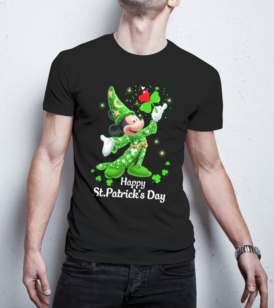 Happy St. Patrick's Day Mickey In Green Wizard Cloak With Clover Magic T-Shirt