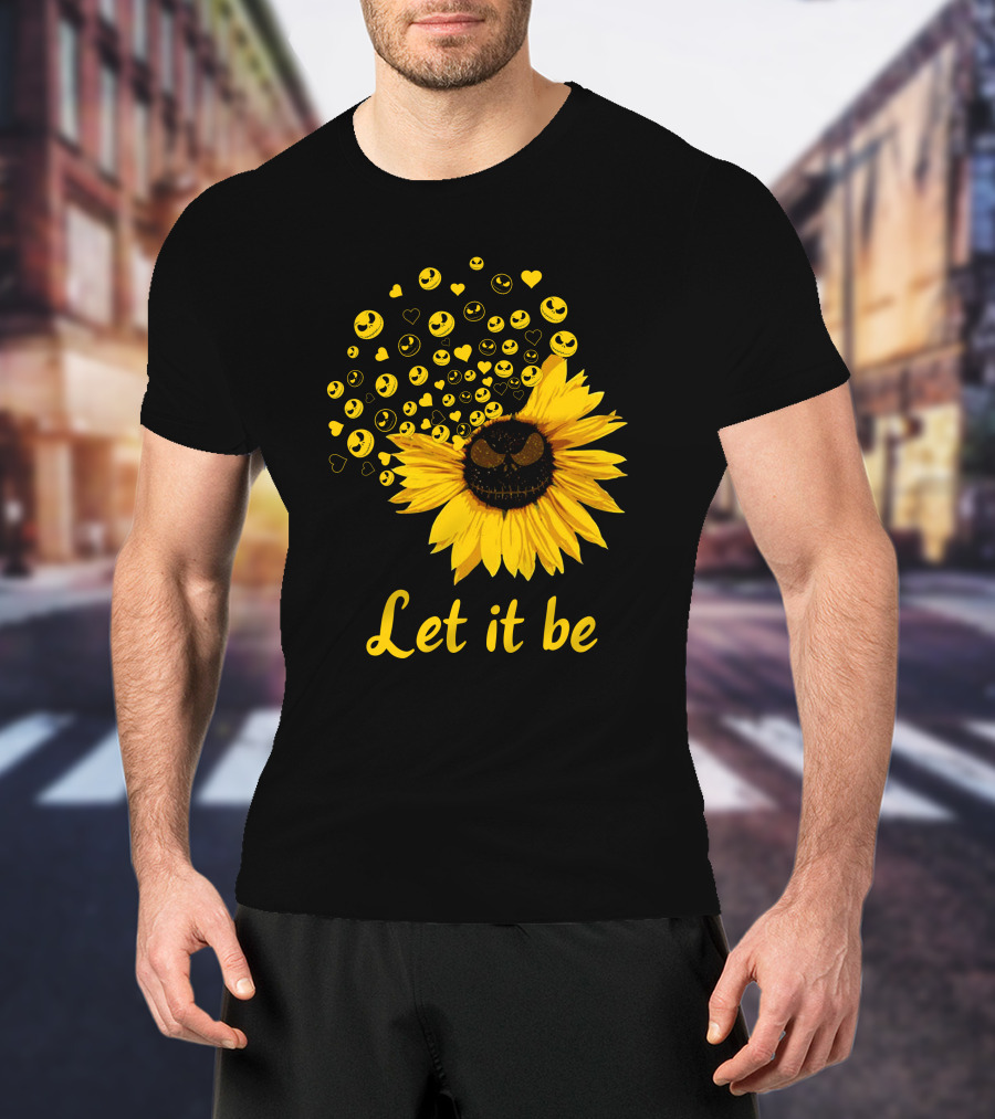 Jack Skellington Face Sunflower Let It Be Hearts Yellow Smiles T-Shirt