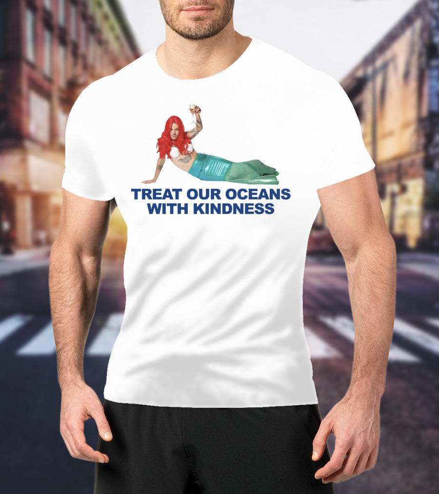 Treat Our Oceans With Kindness Red-Haired Mermaid Holding Glass T-Shirt