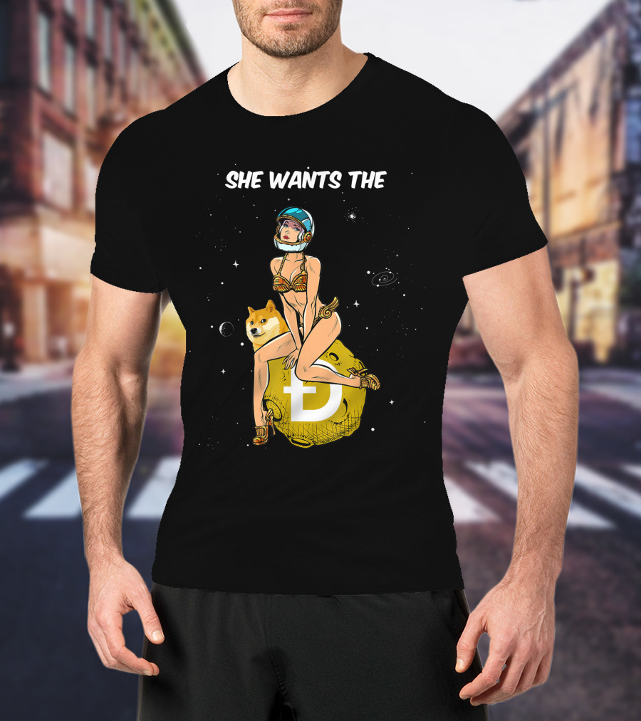 She Wants The Dogecoin Doge Crypto Moon Astronaut Space Girl T-Shirt